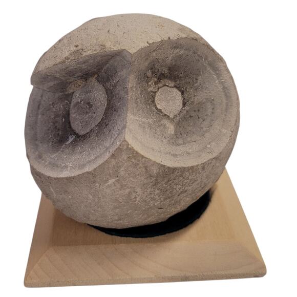 Owl Figurine Stone Primitive on Wooden Base Table Top Statue Gray - Picture 1 of 9